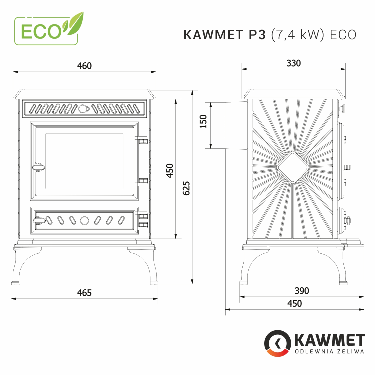 Piec wolnostojący KAWMET P3 (7,4 kW) ECO