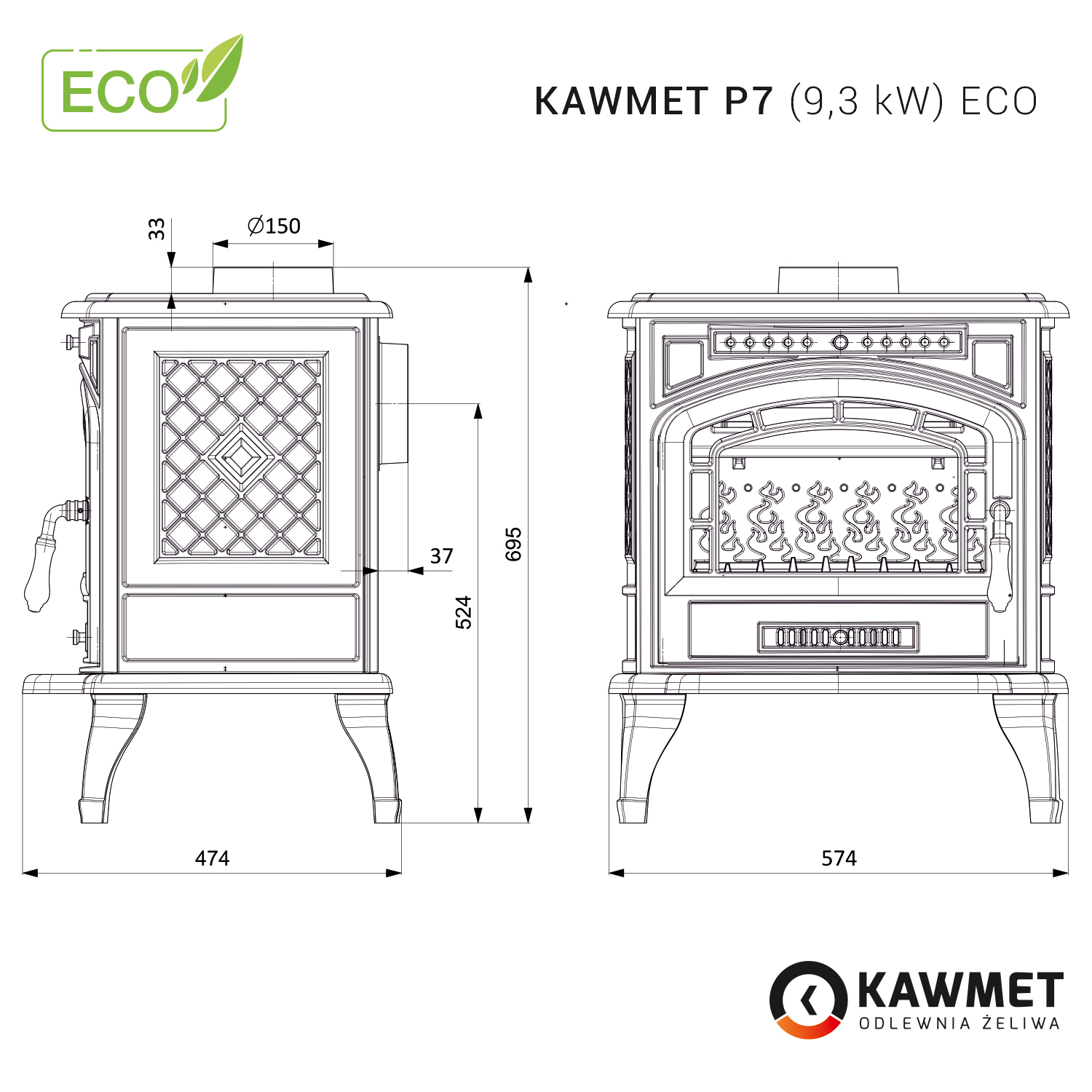 Piec wolnostojący KAWMET P7 (9,3 kW) ECO